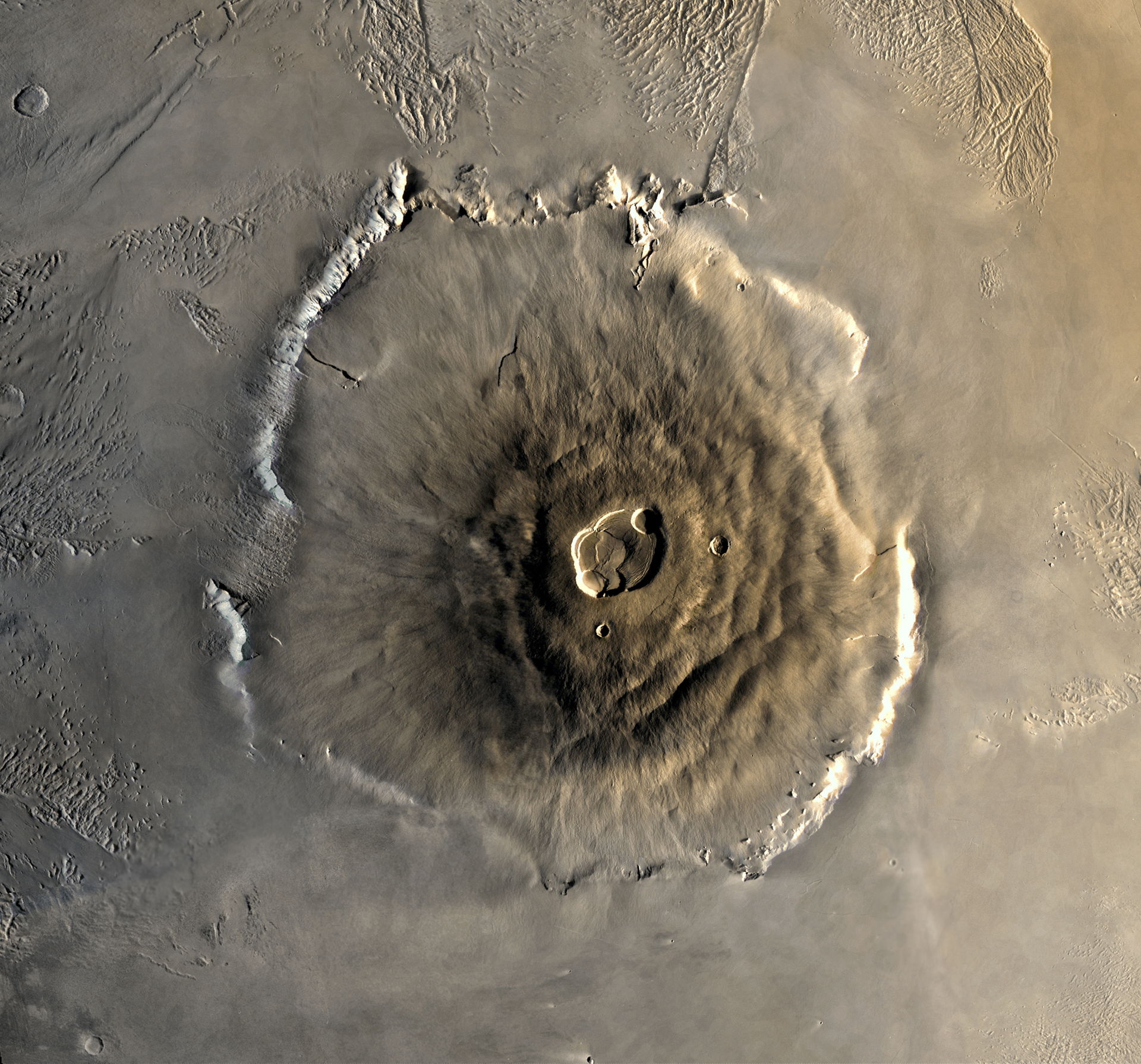 A composite Viking orbiter image of Olympus Mons on Mars, the t…