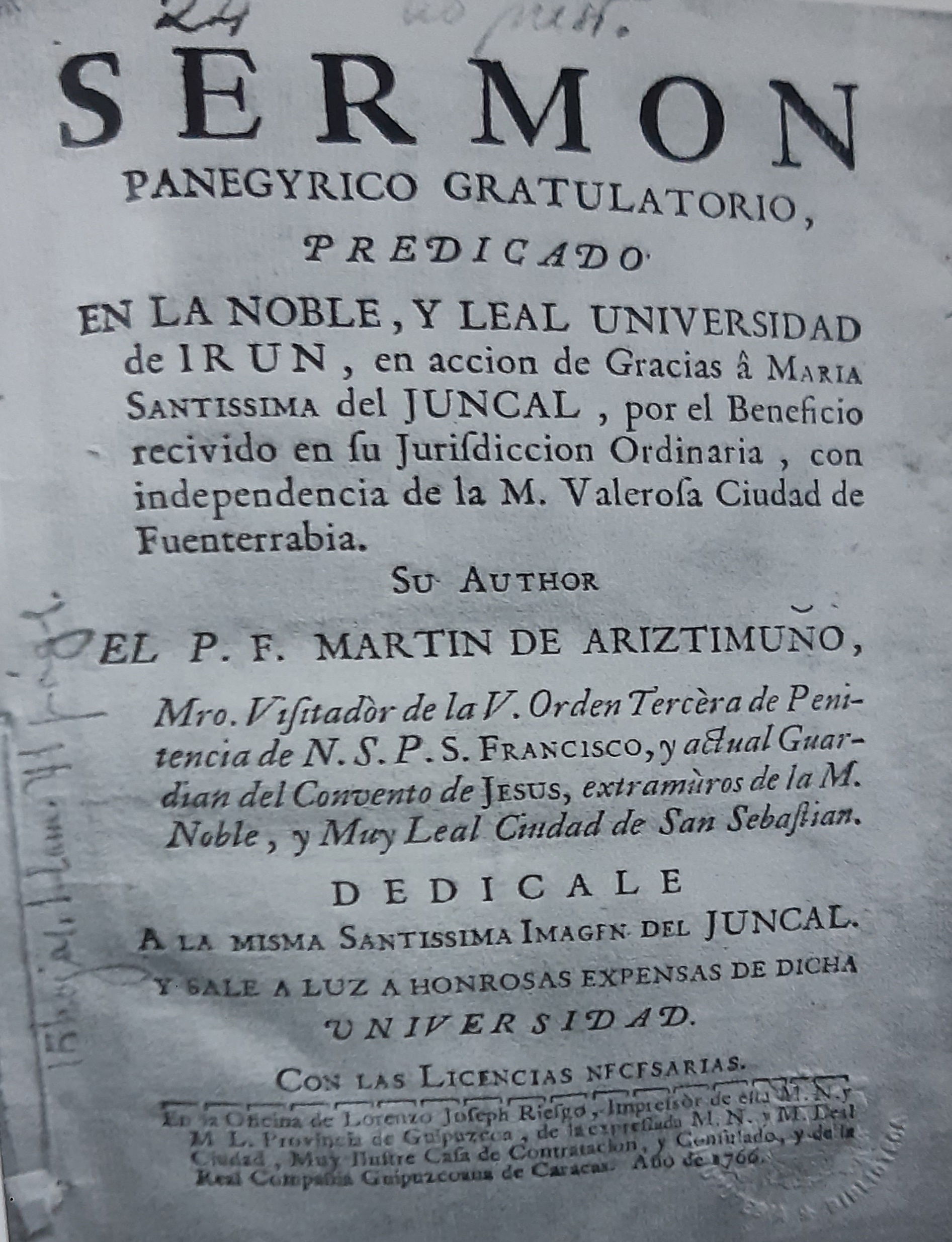 Sermon panegyrico gratulatorio, Martin Ariztimuñorena, 1766an L…