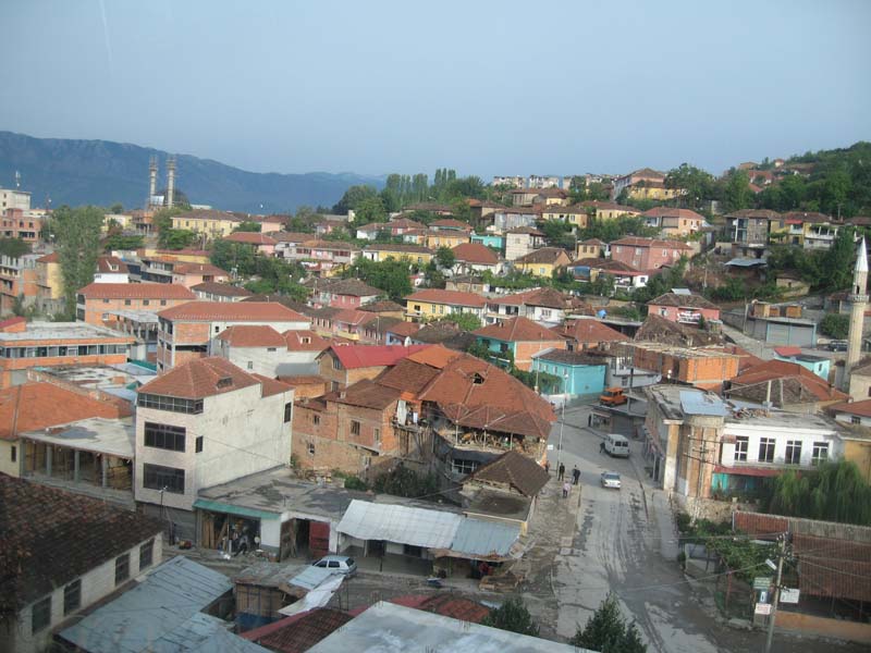 The center of Peshkopi, Albania, as seen from the road into the…