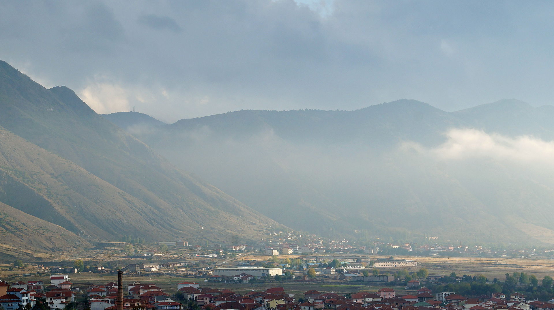 Movrava Mountains and village of Drenovë seen from Korça – sout…