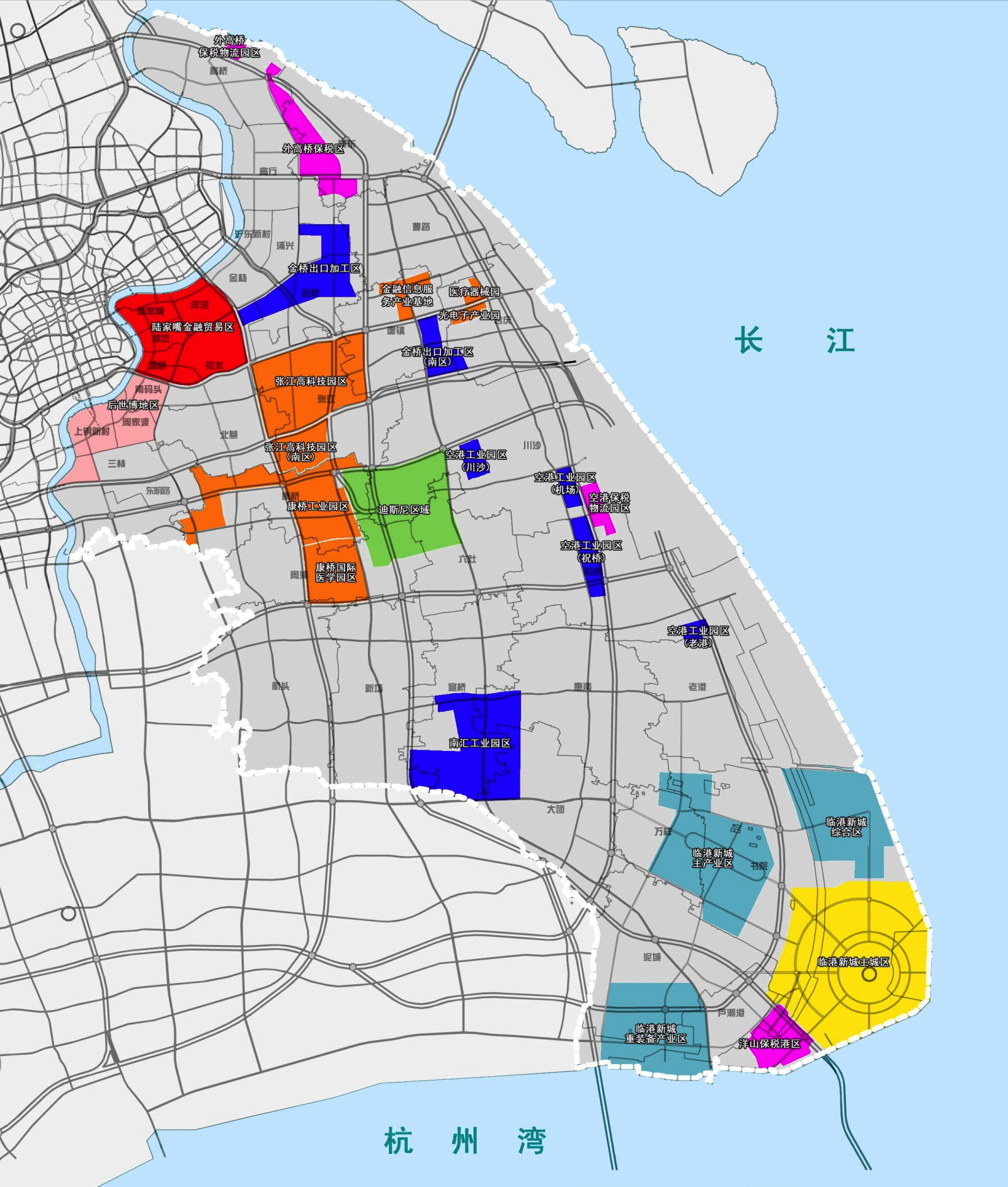 A Chinese-language map of Pudong New Area (gray) with various n…