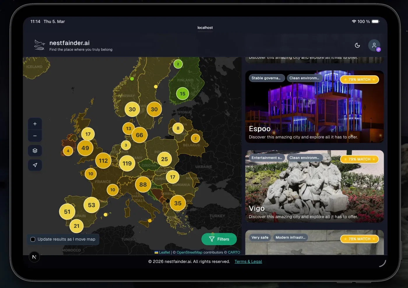 NestFainder results — explore your ranked city matches across Europe and beyond