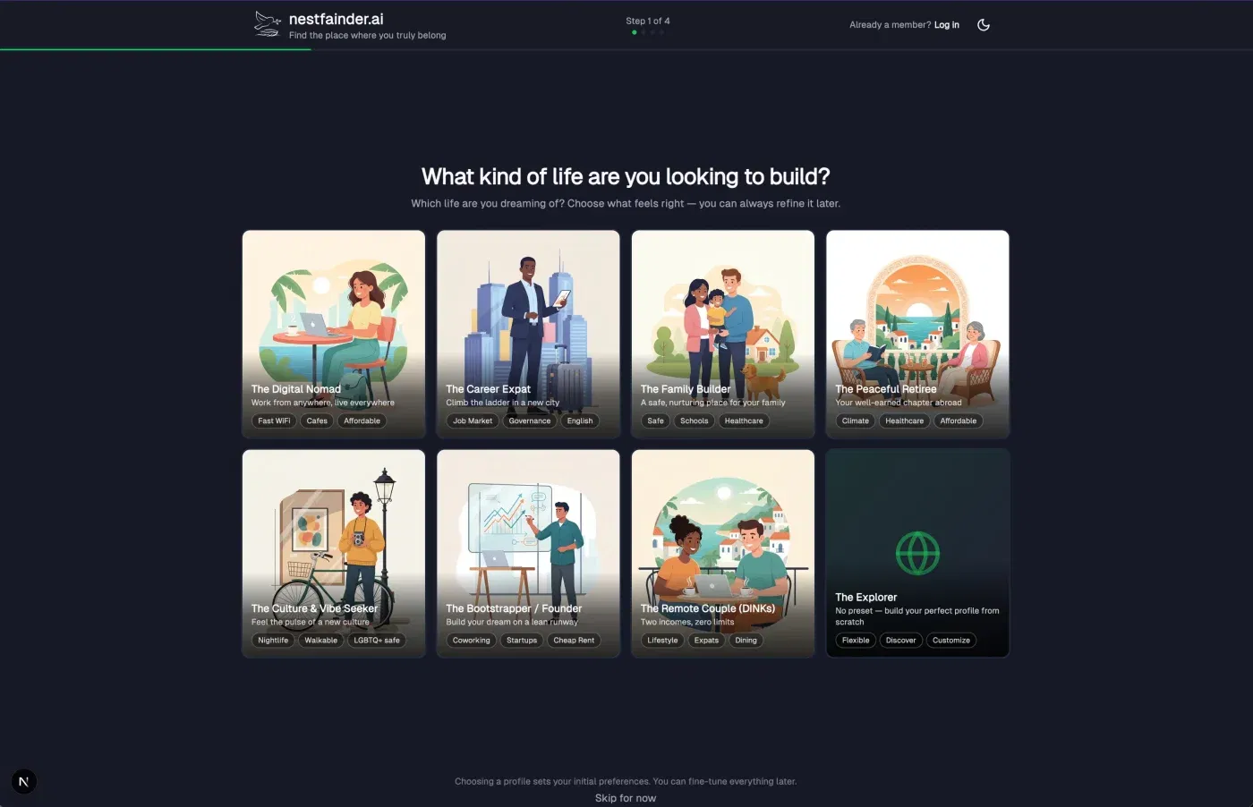 NestFainder onboarding — choose your archetype and lifestyle preferences